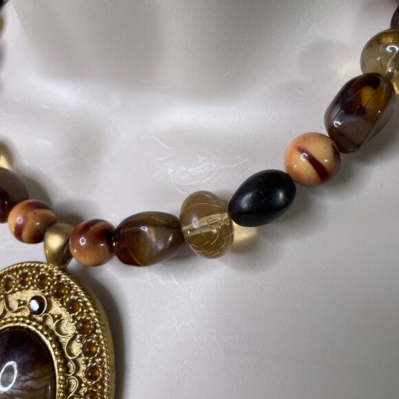 Tigers Eye Oval Pendant Necklace Choker Agate Stone Jewelry Vintage u - Picture 2 of 6